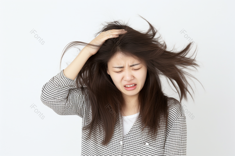 一位女性烦恼的双手挠头头发纷乱焦虑难过,高清,摄影图,摄影图片,图片大全,摄影图免费下载